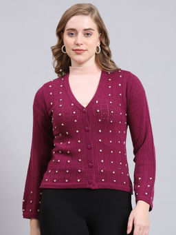 Monte Carlo - Purple Self Design Full Sleeves V-Neck Cardigan