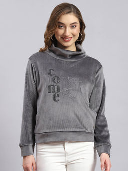 Monte Carlo - Grey Embroidered Full Sleeves High Neck Sweatshirt