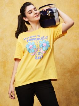 Globus - Women Yellow Typography Print Boxy T-shirt