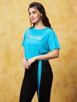 Globus - Women Blue Typography Print Boxy Fit T-shirt