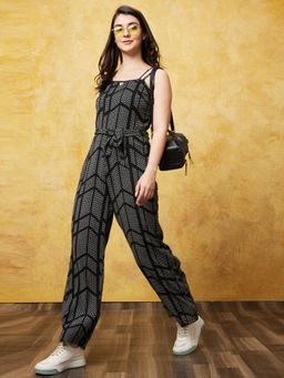 Globus - Women Black Abstract Print Keyhole Neck Strappy Shoulder Waist Tie-Up Jumpsuit