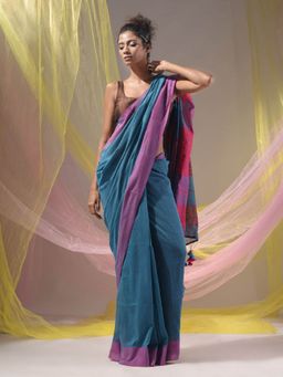 CHARUKRITI - Olympic Blue Handloom Woven Soft Tassels Saree with Unstitched Blouse