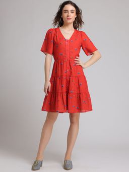 SHAYE - V-neck Red And Blue Floral Short Sleeves Casual Dress For Women