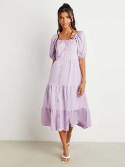 Styli - Lavender Square Neck Button Closure A-line Midi Dress