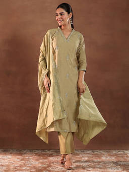 Gerua By Libas - Gold Silk Blend Embroidered Kurta Sets for Women