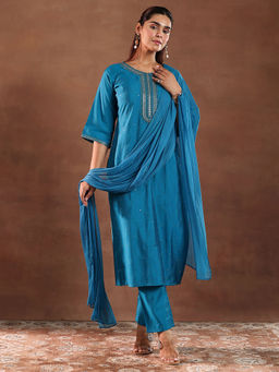 Gerua By Libas - Blue Silk Blend Self Design Kurta Sets for Women