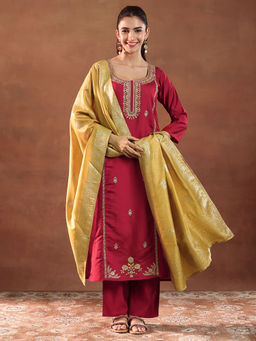 Gerua By Libas - Maroon Silk Blend Embroidered Kurta Sets for Women