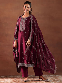 Libas - Maroon Silk Blend Embroidered Kurta Sets for Women