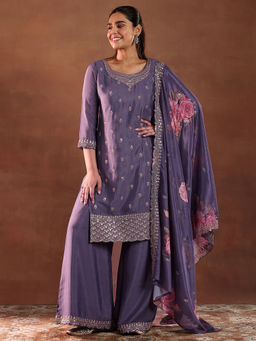 Libas - Purple Silk Blend Embroidered Kurta Sets for Women