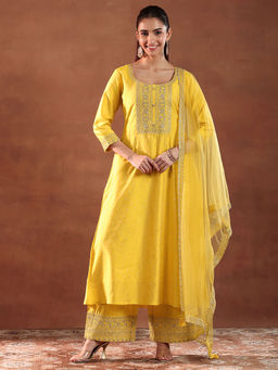 Libas - Yellow Chanderi Silk Woven Design Kurta Sets for Women