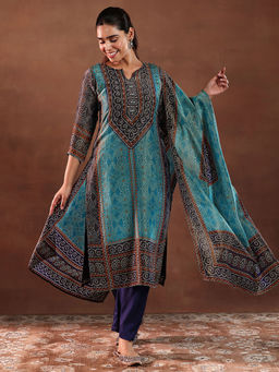 Libas - Blue Silk Blend Printed Kurta Sets for Women