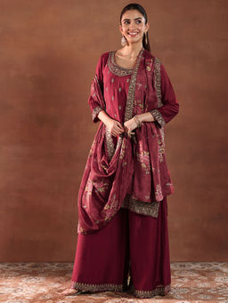 Libas - Maroon Silk Blend Embroidered Kurta Sets for Women