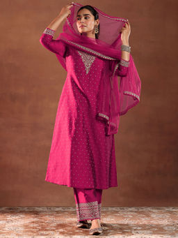 Libas - Magenta Chanderi Silk Woven Design Kurta Sets for Women