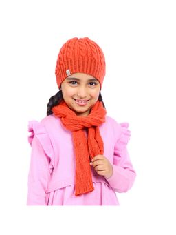 Bharatasya - Kids Orange Winter Beanie Cap And Muffler Set (11-12 Years)