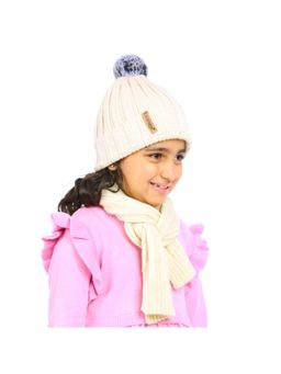 Bharatasya - Kids Cream Winter Pom Pom Cap And Muffler Set (11-12 Years)