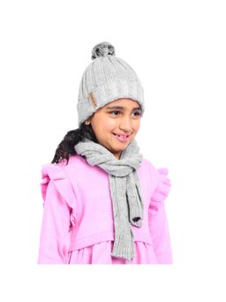Bharatasya - Kids Grey Winter Pom Pom Cap And Muffler Set (11-12 Years)