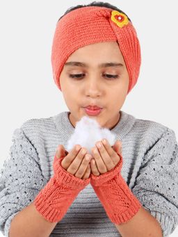 Bharatasya - Pack Of Headband And Thermal Mittens For Kids Orange (11-12 Years)