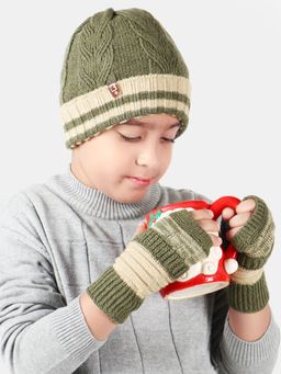 Bharatasya - Pack Of Cap And Thermal Mittens For Kids Green (11-12 Years)