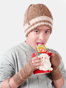 Bharatasya - Pack Of Cap And Thermal Mittens For Kids Brown (11-12 Years)
