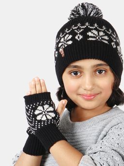 Bharatasya - Pack Of Cap And Thermal Mittens For Kids Black (11-12 Years)