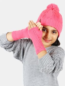 Bharatasya - Pack Of Cap And Thermal Mittens For Kids Pink (11-12 Years)
