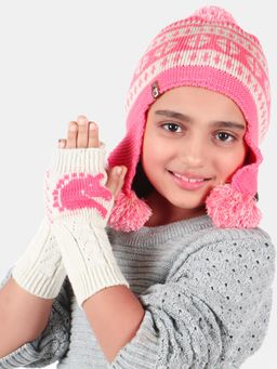 Bharatasya - Pack Of Cap And Thermal Mittens For Kids Pink (11-12 Years)