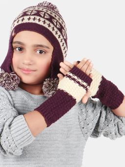 Bharatasya - Pack Of Cap And Thermal Mittens For Kids Purple (11-12 Years)