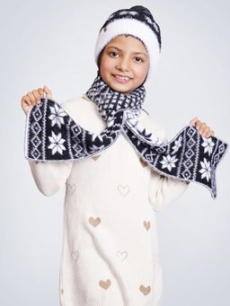 Bharatasya - Faux Fur Pom Knitted Fluffy Elegant Cap & Muffler Set For Girls Black (11-12 Years)