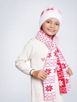 Bharatasya - Faux Fur Pom Knitted Fluffy Elegant Cap & Muffler Set For Girls White (11-12 Years)