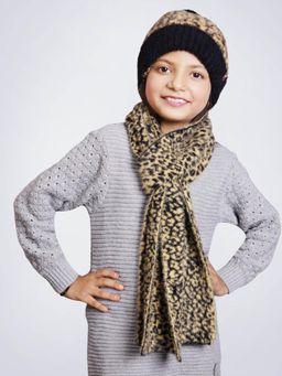 Bharatasya - Leopard Print Faux Fur Pom Knitted Cap & Muffler Set For Girls Brown (11-12 Years)