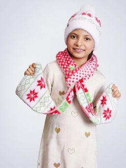 Bharatasya - Faux Fur Pom Knitted Fluffy Elegant Cap & Muffler Set For Girls White (11-12 Years)