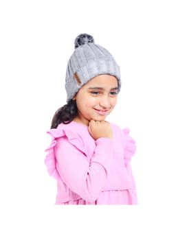 Bharatasya - Kids Fine Rib Knit Pom Pom Beanie Cap Grey (11-12 Years)