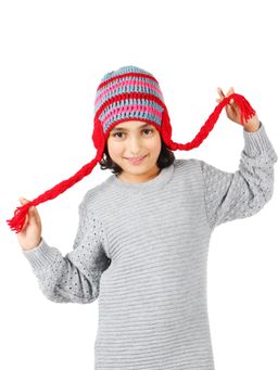 Bharatasya - Kids Handknitted Winter Cap with Braids Red (11-12 Years)