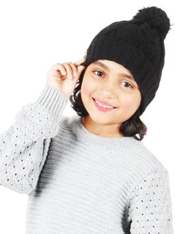 Bharatasya - Cable Knit Pom Pom Cap Black (11-12 Years)