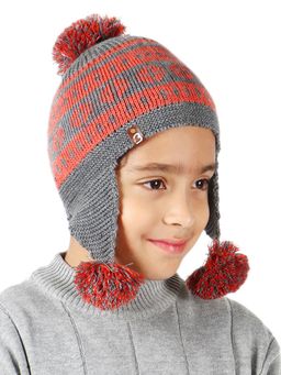 Bharatasya - Kids Pom Pom Knitted Winter Sherpa Cap Grey (11-12 Years)