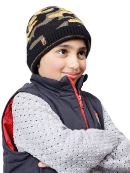 Bharatasya - Kids Woolen Knitted Army Camo Fur Cap Multi-Color (11-12 Years)