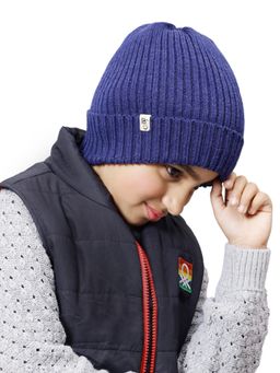 Bharatasya - Kids Woolen Knitted Solid Beanie Cap Blue (11-12 Years)