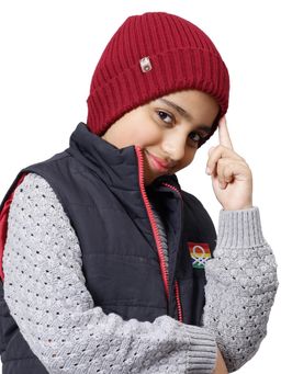 Bharatasya - Kids Woolen Knitted Solid Beanie Cap Maroon (11-12 Years)