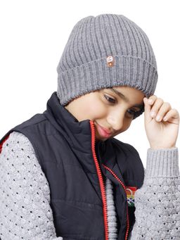 Bharatasya - Kids Woolen Knitted Solid Beanie Cap Grey (11-12 Years)