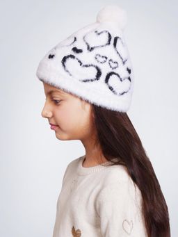 Bharatasya - Heart Knitted Faux Fur Pom Fluffy Elegant Beanie Cap For Girls (11-12 Years)