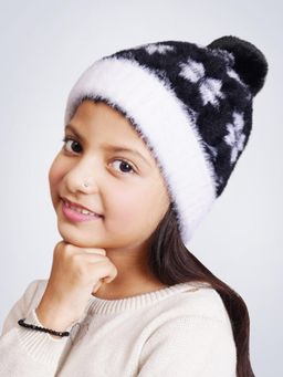 Bharatasya - Faux Fur Pom Knitted Fluffy Elegant Beanie Cap For Girls (11-12 Years)