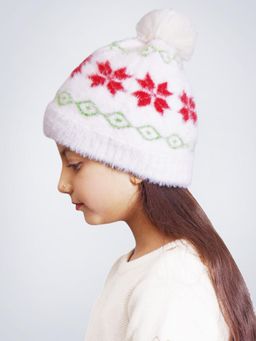 Bharatasya - Faux Fur Pom Knitted Fluffy Elegant Beanie Cap For Girls (11-12 Years)
