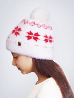 Bharatasya - Faux Fur Pom Knitted Fluffy Elegant Beanie Cap For Girls (11-12 Years)