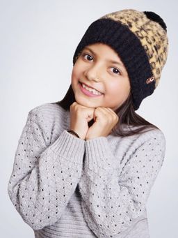 Bharatasya - Leopard Print Faux Fur Pom Knitted Beanie Cap For Girls (11-12 Years)
