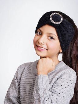 Bharatasya - Feather Soft Knitted Warm Woolen Headband For Girls Black (11-12 Years)