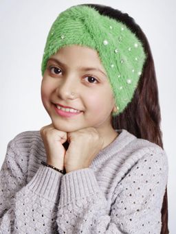 Bharatasya - Soft Knitted Warm Woolen Trendy Embellished Headband For Girls Green (11-12 Years)