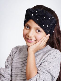 Bharatasya - Soft Knitted Warm Woolen Trendy Embellished Headband For Girls Black (11-12 Years)