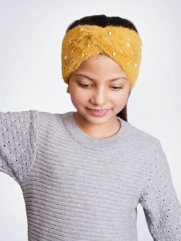 Bharatasya - Soft Knitted Warm Woolen Trendy Embellished Headband For Girls Yellow (11-12 Years)