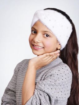 Bharatasya - Soft Knitted Warm Woolen Trendy Embellished Headband For Girls White (11-12 Years)