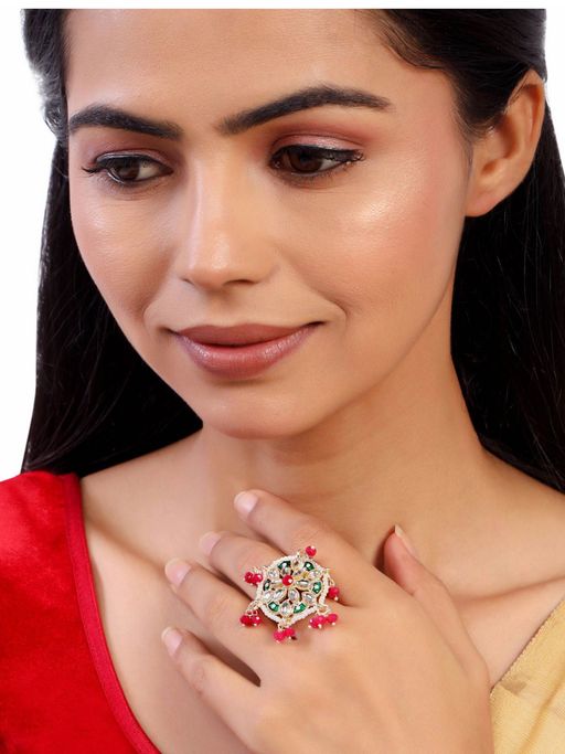 Accessher Statement Kundan Finger Ring with Enamel Work and Pearl Beads Embellishment
